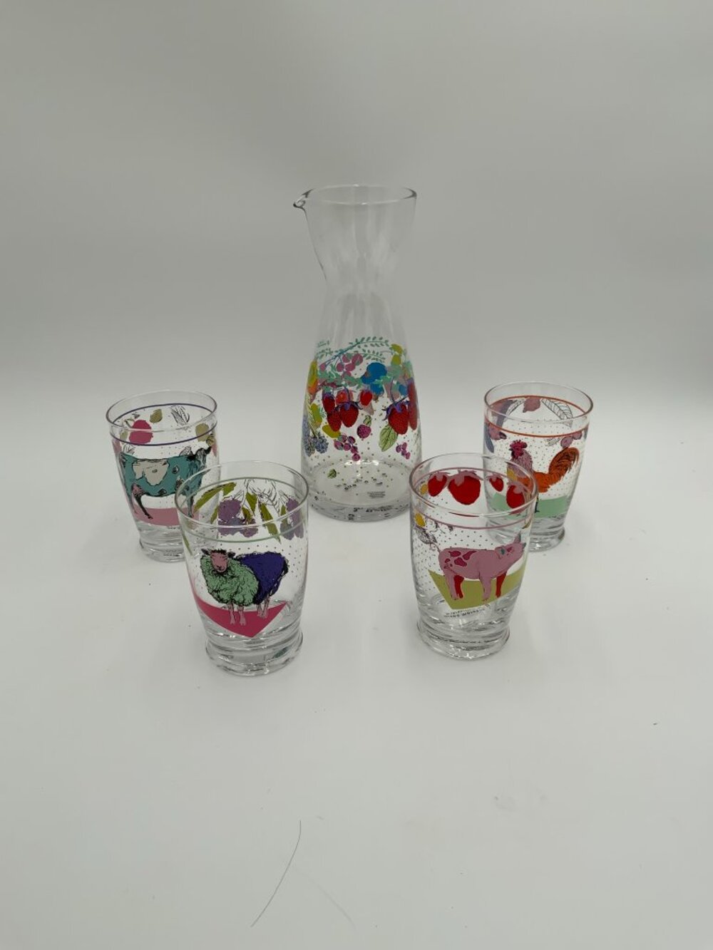 Anthropologie Lorena Maranon Toscana Set of 4 Juice Glasses & 1 Carafe Farm Anim